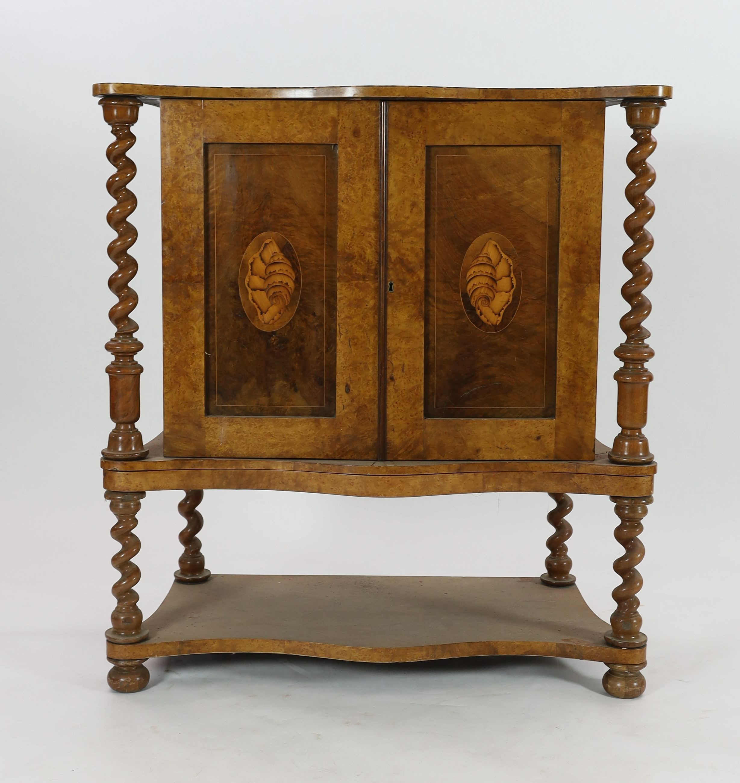 A 19th century Irish yew wood, oyster veneered and burr wood serpentine collector's cabinet, W.118cm D.57cm H.128cm